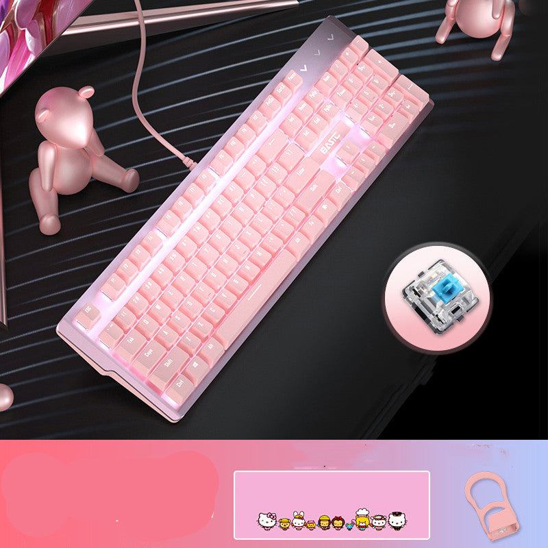 Pink Real Mechanical Keyboard And Mouse Set Girls Cute Gaming