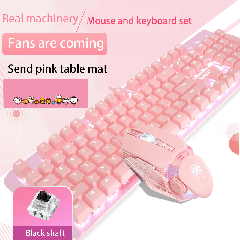 Pink Real Mechanical Keyboard And Mouse Set Girls Cute Gaming