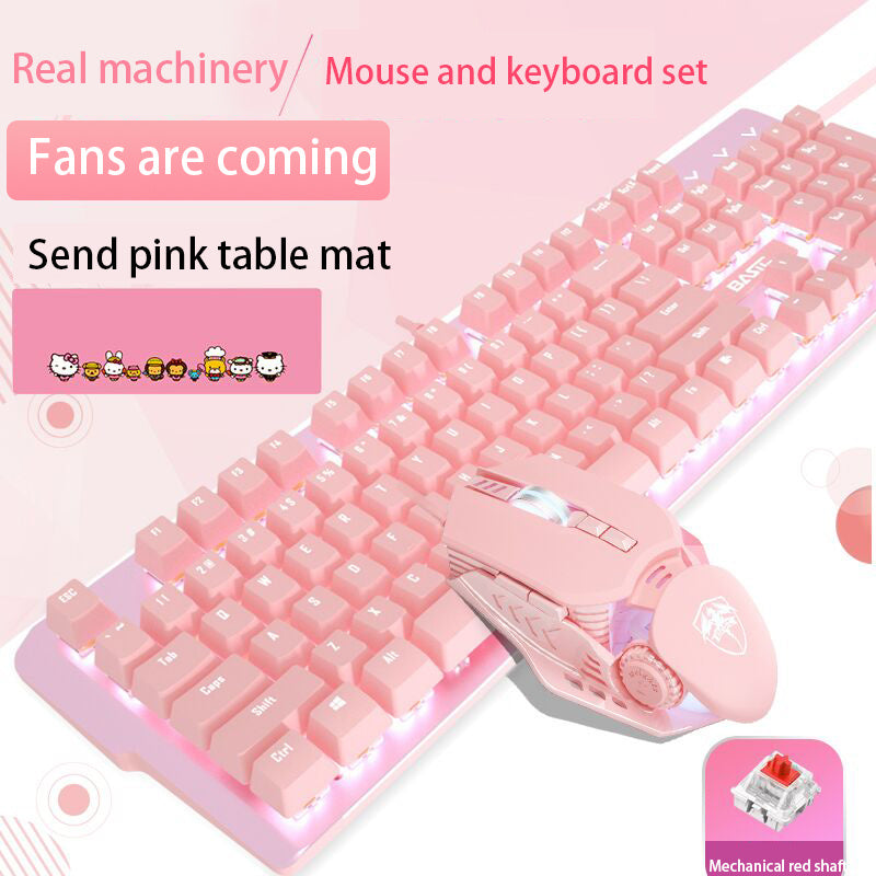 Pink Real Mechanical Keyboard And Mouse Set Girls Cute Gaming