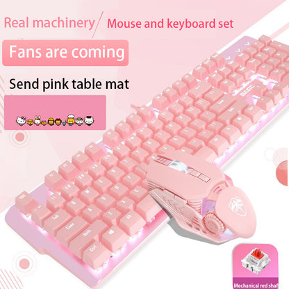 Pink Real Mechanical Keyboard And Mouse Set Girls Cute Gaming