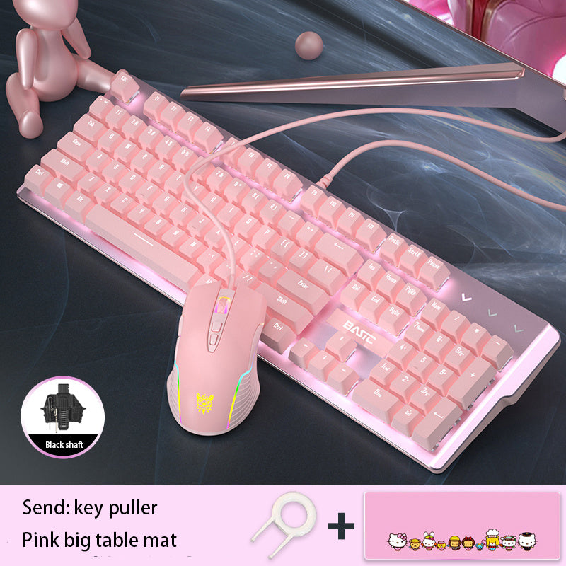 Pink Real Mechanical Keyboard And Mouse Set Girls Cute Gaming